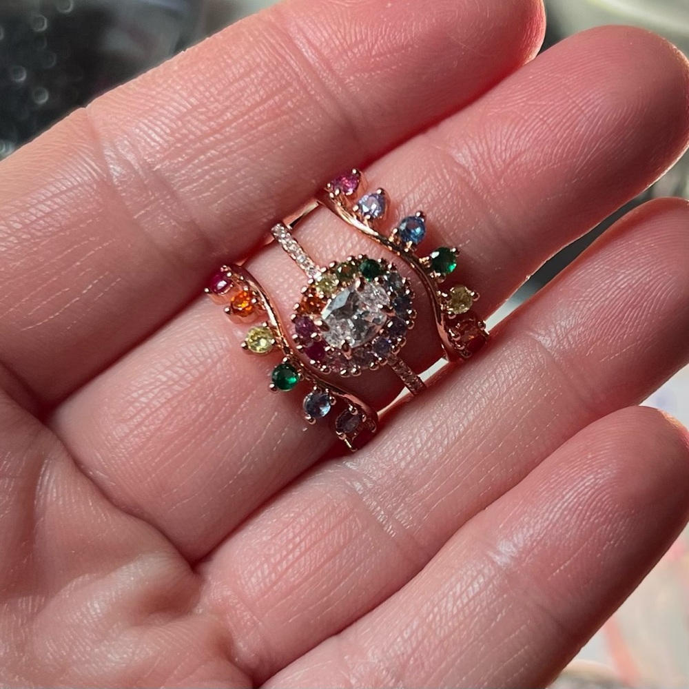 Size 9. Autism awareness ring. Multi color stones on gold plating. Triple ring.